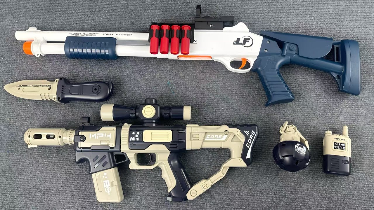 Unboxing and review of a toy gun set: MP submachine gun, S686 shotgun, M416 rifle, and Glock pistol.