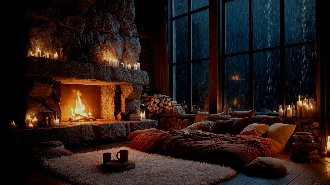 LIVE - Cozy Room Ambience Heavy Rain on Window & Fireplace Sounds for ...