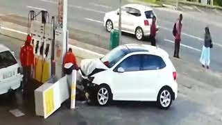 This is terrible! An innocent Shell petrol attendant at a fuel station in South Africa was hit by a car that crashed onto a Shell forecourt.