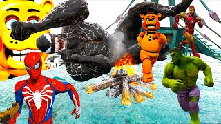 Family Freddy's Cùng Siêu Nhân Người Nhện Chạm Trán Khủng Long, Team Spiderman Stunts Monster Truck