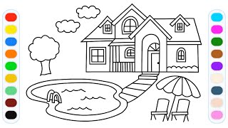 APPRENDRE Les Couleurs et À DESSINER UNE MAISON Avec Piscine - vidéo éducative | Planète coloriage