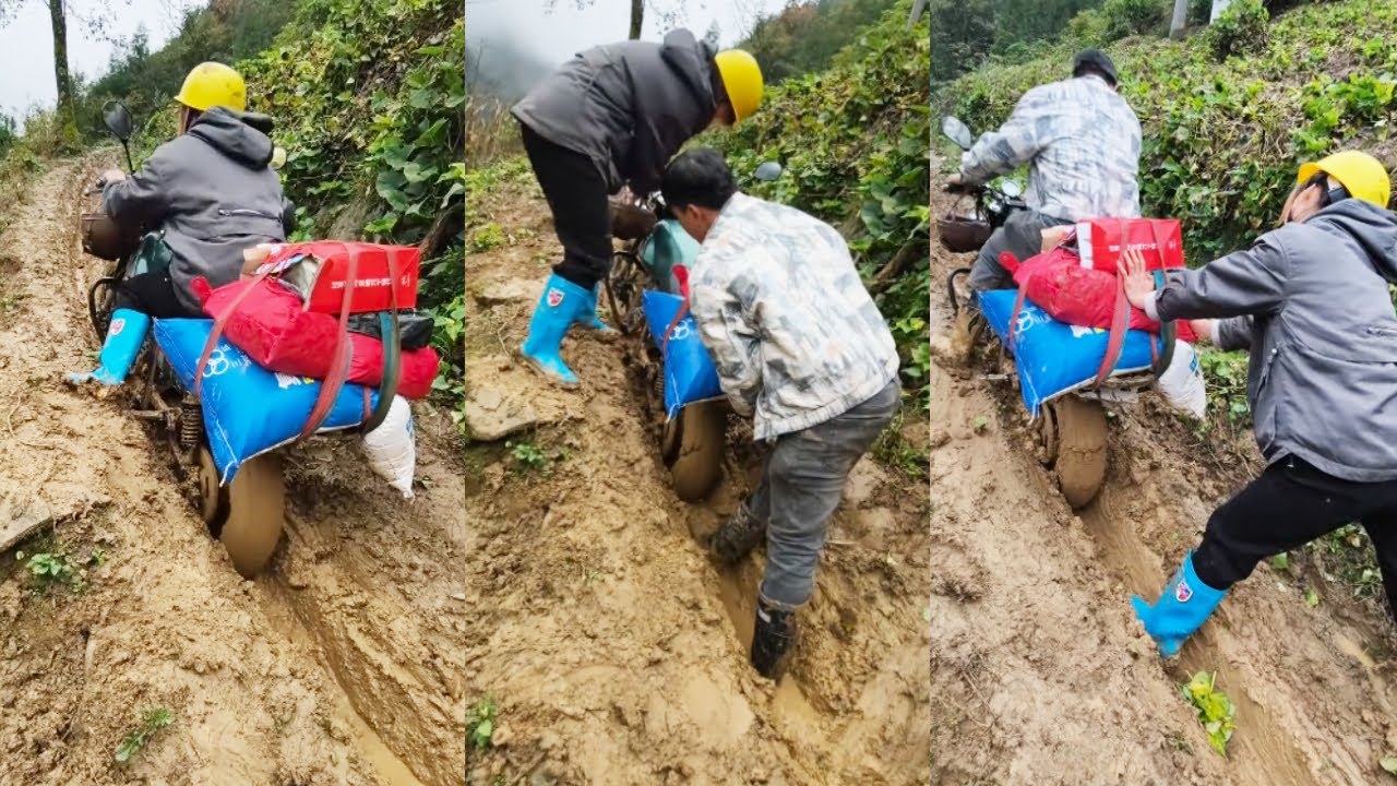 On The Muddy Mountain Road, Kind People Helped Push The Motorcycle #funny #helping #positiveenergy