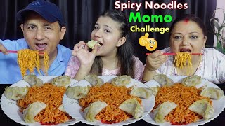 SPICY NOODLES + MOMO EATING CHALLENGE WITH 1 CHOPSTICK @BudaBudiVlogs