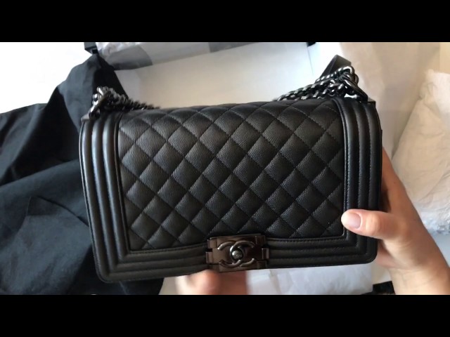 Unboxing and review Chanel SO BLACK Boy Bag old medium black lambskin  caviar 