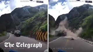 video: Watch: Drivers have miraculous escape after avalanche of boulders smashes into lorries