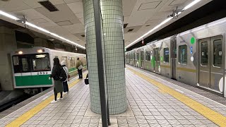 大阪メトロ中央線森ノ宮駅での1番線回送車32654編成と2、3番線で20系が行き交う様子