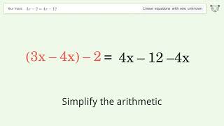Linear equation with one unknown: Solve 3x-2=4x-12 step-by-step solution