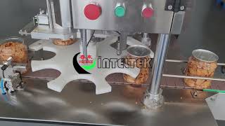 Dry snack food packing line: nuts dosing, Can aluminum easy open tin lid sealing, labeling machines