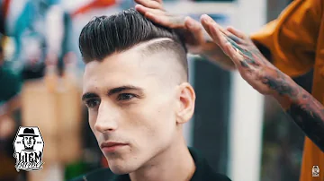 Skin Fade Pompadour with Two Razored Line - Liem Barber Shop's Collection