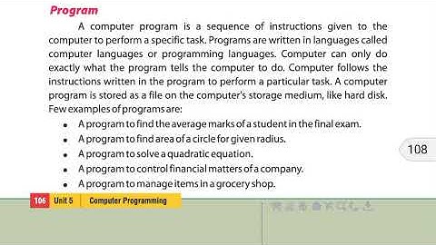 Program : Programming language , Class 8 Computer Unit 5 : Computer Programming , Punjab Text Book
