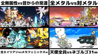 「全無属性vsエヴァ13号機擬似シン化第3+形態(推定)&大魔王ニャンダム&ネコ神面のウリル」「全メタルvs対メタル」「全エイリアンvsメラフェニックス∞」「天使全員vsネゴルゴ31∞」を戦わせてみた