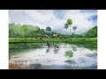 Watercolor landscape painting of a farmer family in the field | Prashant Sarkar.