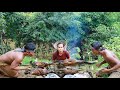 Survival in the rainforest- Mans found four ducks for cook eat with a women -Eating delicious