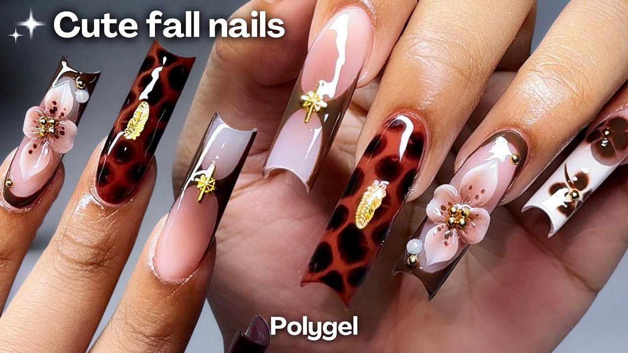 Cute Fall Nails 🤎🍂✨ polygel nail tutorial + brown & gold nail art ♡ 3d flower tutorial