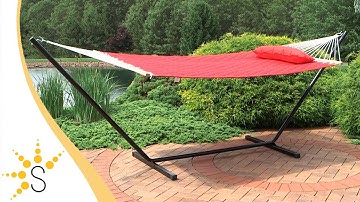 Sunnydaze Quilted Fabric 2-Person Hammock with Pillow and Stand - Color Options - LY-QDFH-RED-COMBO