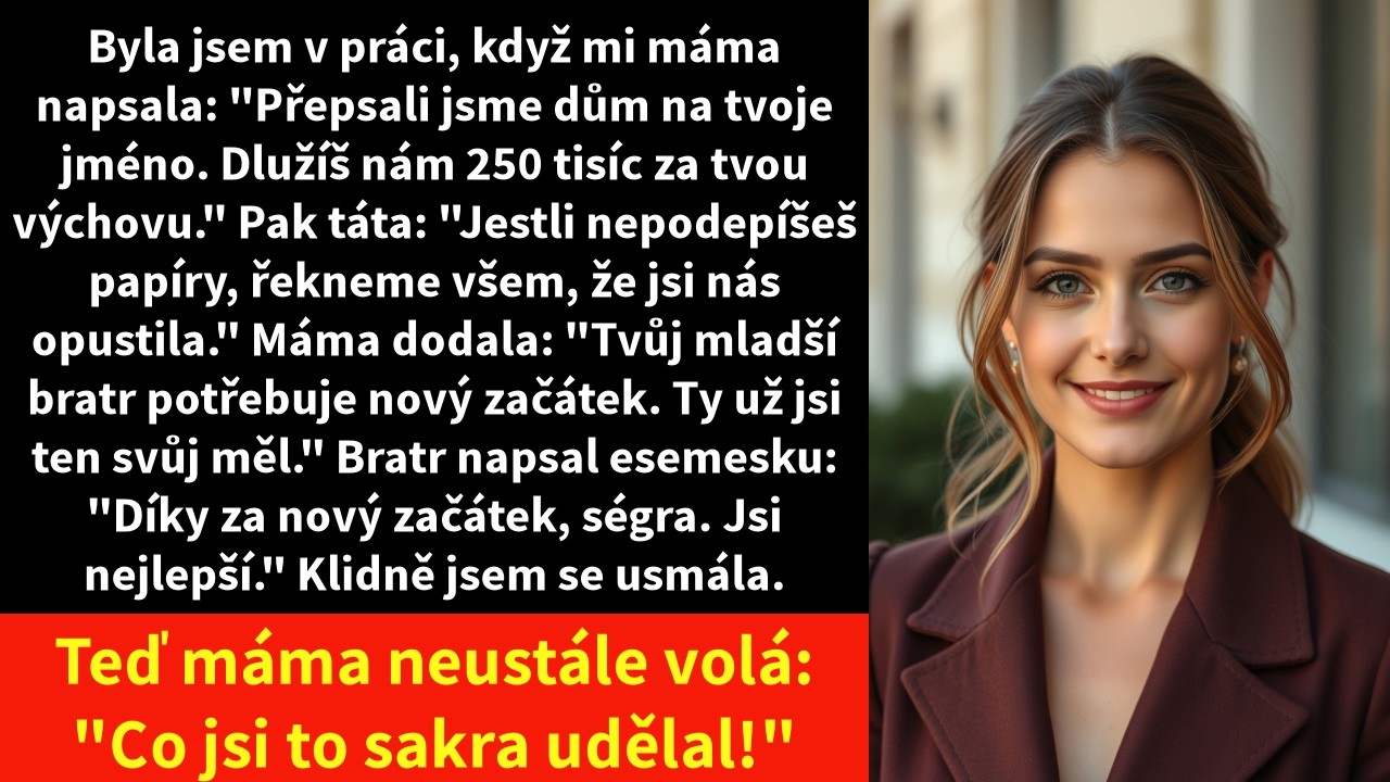 Konferenční stůl, tři vedoucí pracovníci a na obrazovce model rizik za čtyřicet milionů. Přesně v tu chvíli mi pod stolem zavibroval telefon. Matka psala, že přepsali hypotéku na mé jméno a že jim...