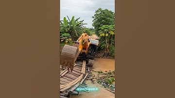 Excavator Falls Into River as Wooden Bridge Collapses #excavator #disaster #floods #shorts #falls