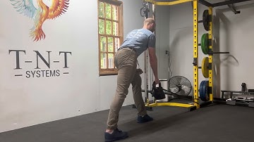 Split stance single arm kettlebell row with band