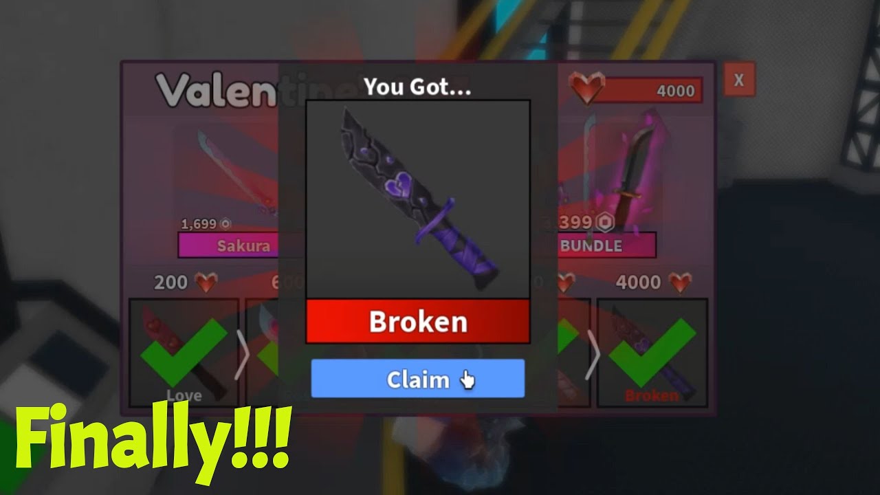 Broken Knife: Obtained bye Valentines mm2 update, 4,000 heart coins. #