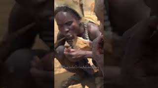 Hadzabe Tribe bushman enjoy eating bush meat in the forest