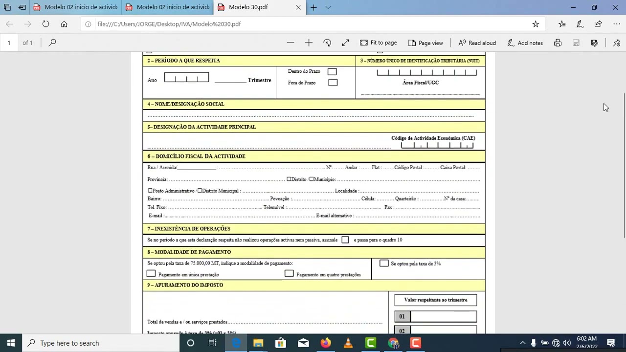 Como preencher o inicio de actividade Modelo 02 - Boca livre