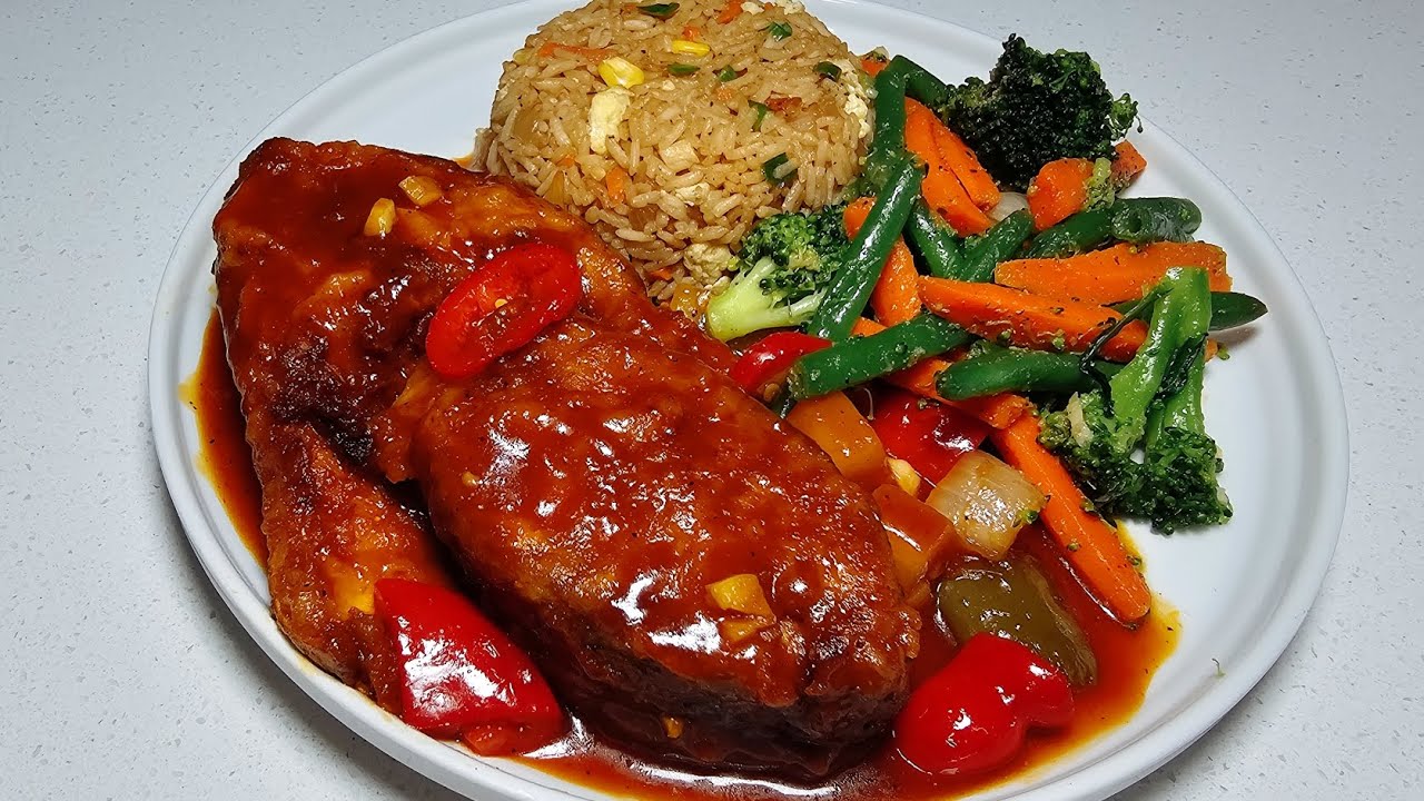 Простой рецепт воскресного ужина | Рыба в кисло-сладком соусе, жареный рис и овощи