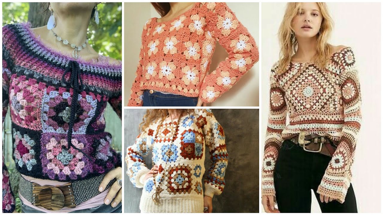 Granny square crochet sweaters and top multi coloured pattern in