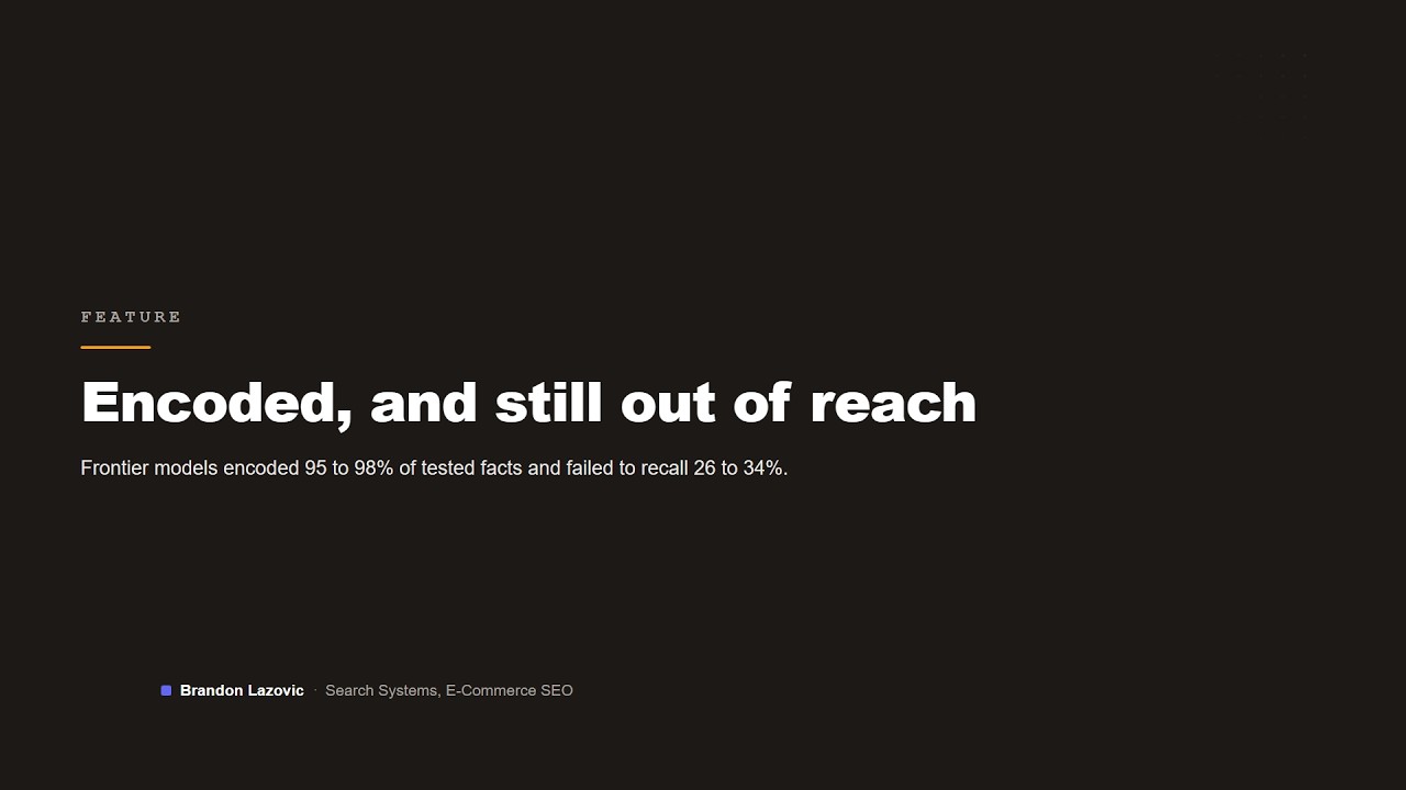 Video thumbnail: AI Models Encode 95-98% of Facts, Fail to Recall 26-34%