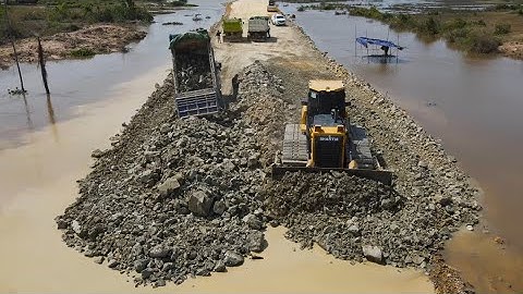 Great New Project Making Road Highway by Skill Operator Bulldozer SHANTUI Pushing Stone To Water