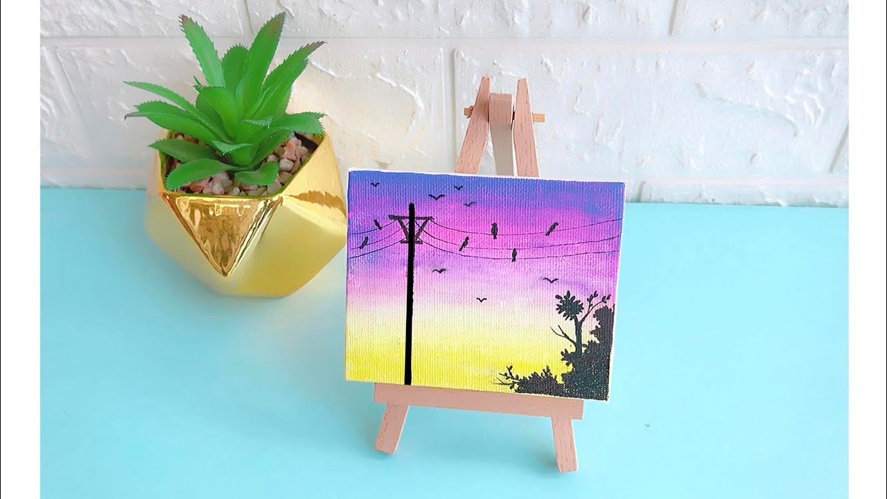 Mini Canvas Painting  Purple sunset sky Acrylic Painting #art #Satisfying  #Shorts