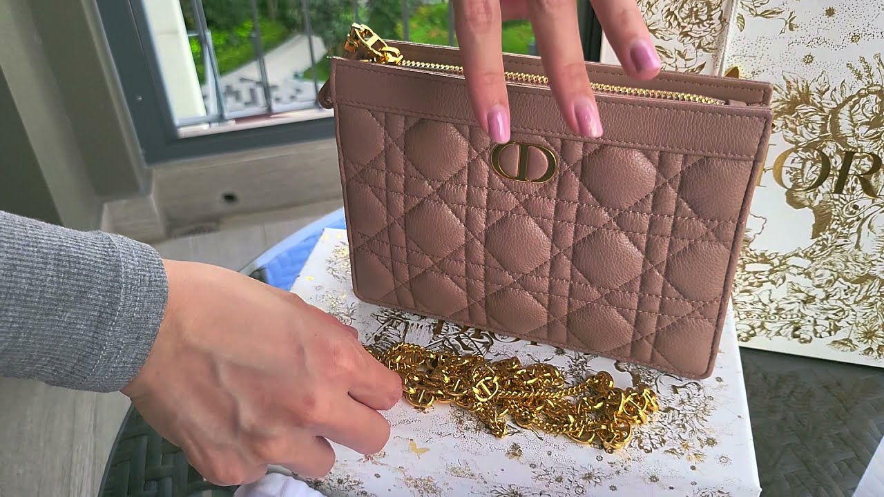 Dior Caro zipped pouch with chain in blush supple cannage Calfskin  [Unboxing] 