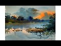 Watercolor sunset landscape painting tutorial  watercolour demo by shahanoor mamun