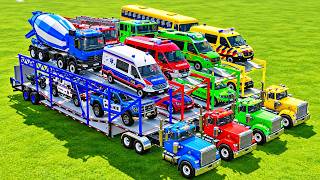 TRANSPORTING POLICE CARS, AMBULANCE, FIRE TRUCK, COLORFUL CARS WITH TRUCK -FARMING SIMULATOR 22!