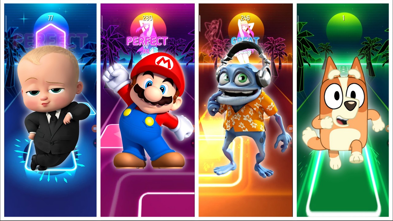 The Boss Baby - Super Mario Bros - Crazy Frog - Bluey Bingo | Tiles Hop Beats