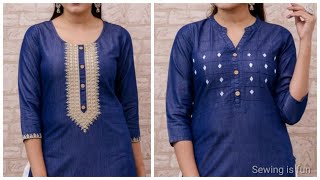 Trendy winter special denim long kurti designs,Stylish denim kurti designs,casual wear jeans kurtis screenshot 4
