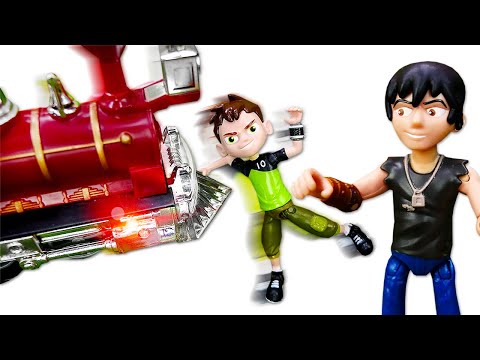 Ben 10 VS Kevin. Qui va gagner? Le train tombé dans le ravin. Vidéo avec jouets pour enfants.