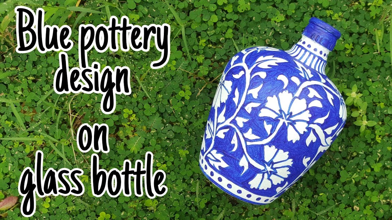 Blue pottery painting | blue pottery art on glass bottle | 