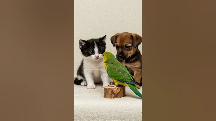 Parrot Surprises Baby Kitten and Puppy