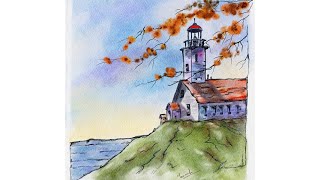 Seaside lighthouse | Digital painting | Digital art | line and wash | Traditional feel | Time Lapse