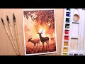 Watercolor painting for beginners of beautiful Forest landscape easy