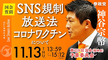 【国会中継】13:37～「SNS規制・放送法・コロナワクチンについて」参議院議員 神谷宗幣 国会質疑 令和7年11月13日 参政党