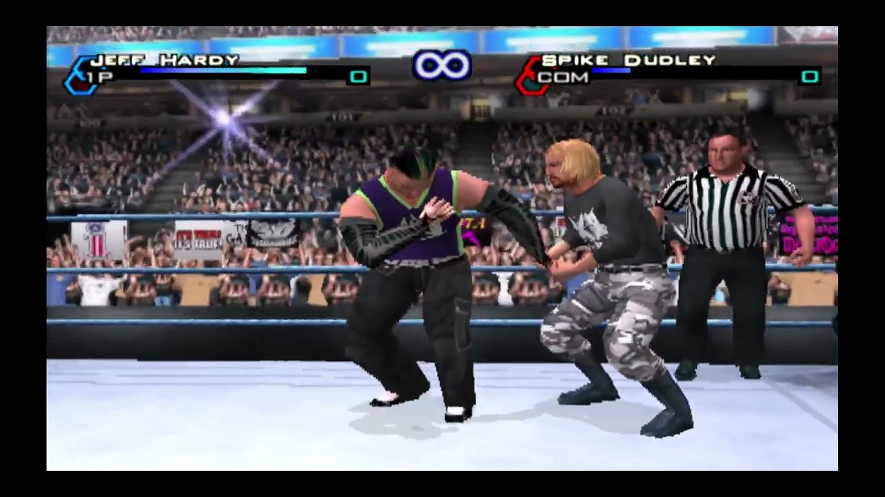 WWF Smackdown! Just Bring It - Геймплей на PS2 - Джефф Харди против Спайка Дадли - Матч с лестницами