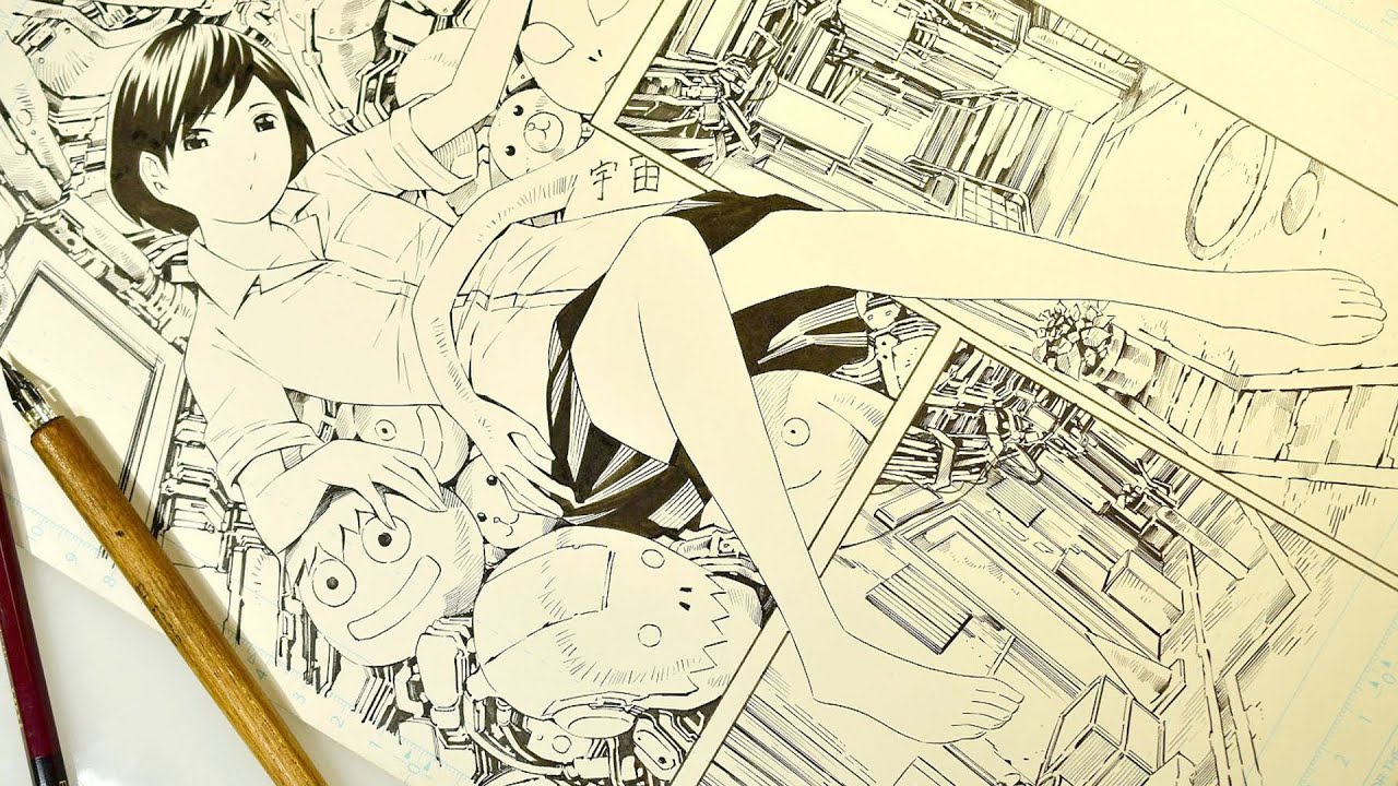 迷宮でくつろぐ Draw MANGA 漫画原稿 作画風景 下絵・ペン入れ - YouTube