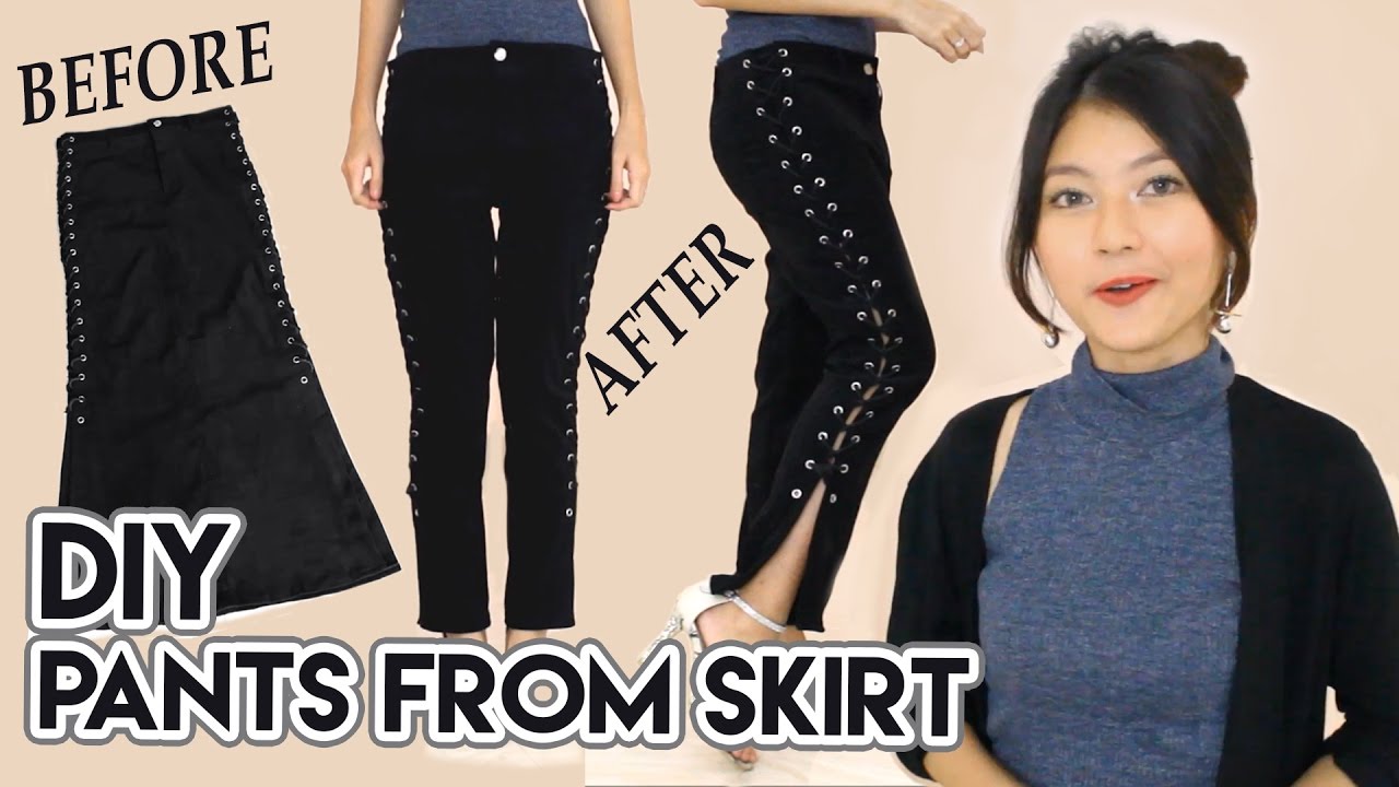 DIY Turn Old Skirt Into Pants | Lace Up Pants | Black Jeans / Denim ...