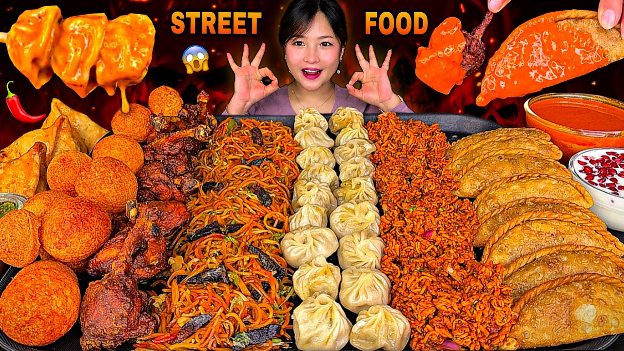 CRAZY NEPALI STREET FOOD😱🔥| Buff Momo🥟Chatpatey🌶️Chowmein🍝Panipuri, Lolipop🍗| SPICY MUKBANG |