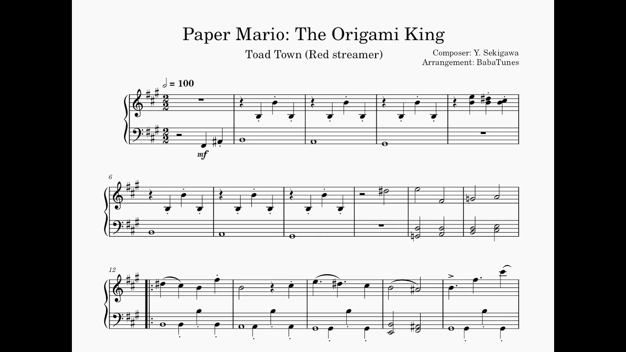 Toad Town (Red Streamer) - Paper Mario Origami King (Intermediate Piano Arrangement)