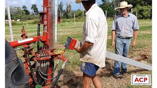 Various post drivers installing concrete fence posts with standard or percussion drivers.