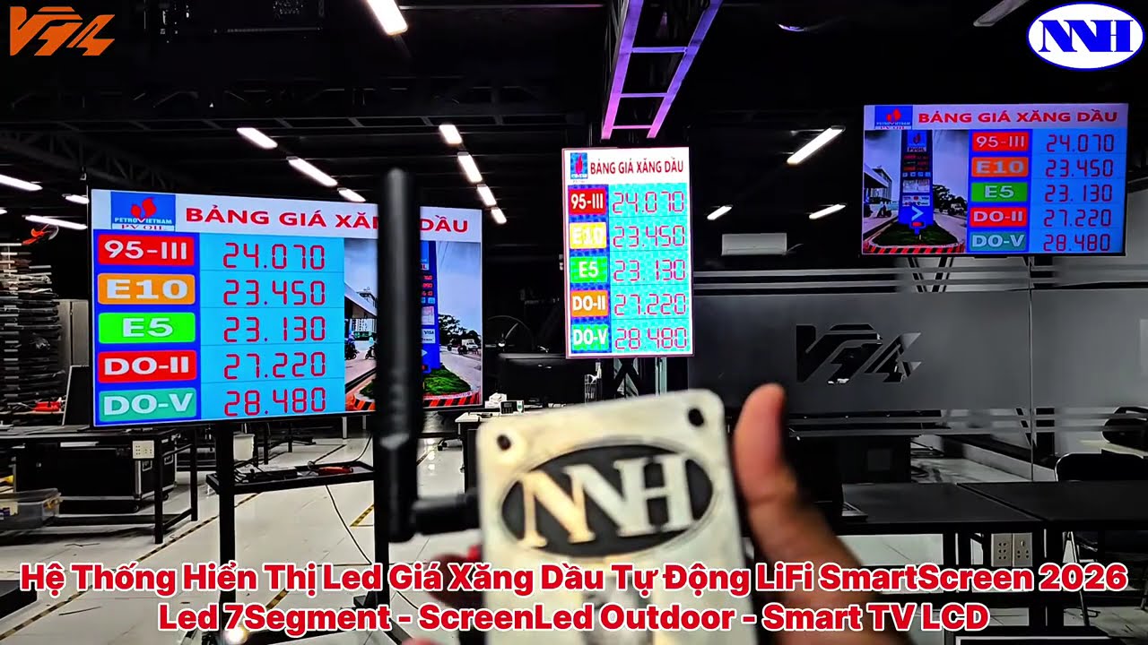 Fuel prices shown on 7-segment LED, an outdoor LED screen and a TV