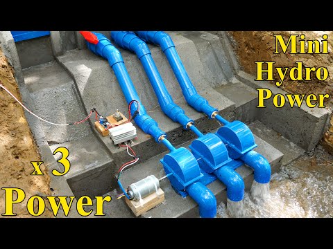 Mini hydro with turbine 3 times the power. Mini hydroelectric project. Free