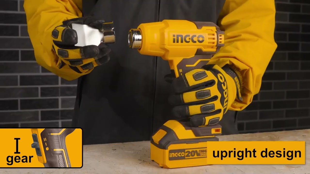 INGCO - Pistolet à Air Chaud Sans Fil 20V Avec Batterie 4,0 Ah - Température Variable 50-450°C - 3 Buses Incluses - Pour Décollage Peinture, Rétrécissement Gaine, DIY